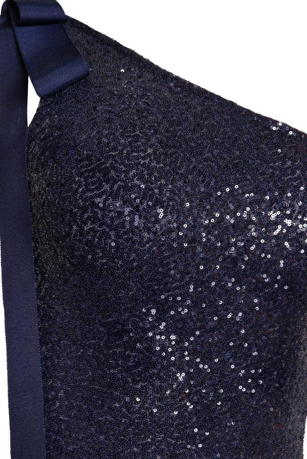 Naeem Khan STRETCH SEQUIN ONE SHOULDER GOWN WITH RIBBON DETAIL