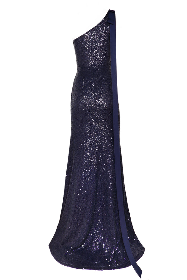 Naeem Khan STRETCH SEQUIN ONE SHOULDER GOWN WITH RIBBON DETAIL