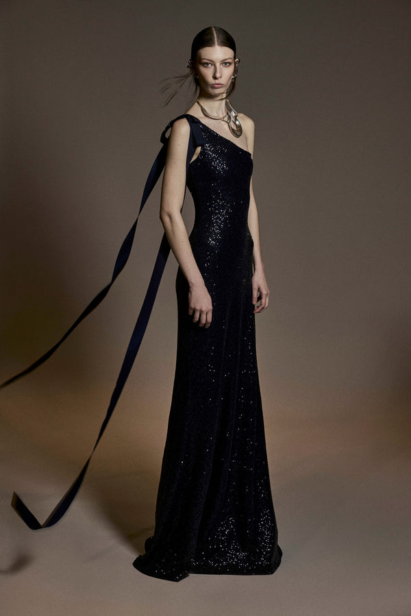 naeem khan STRETCH SEQUIN ONE SHOULDER GOWN WITH RIBBON DETAIL