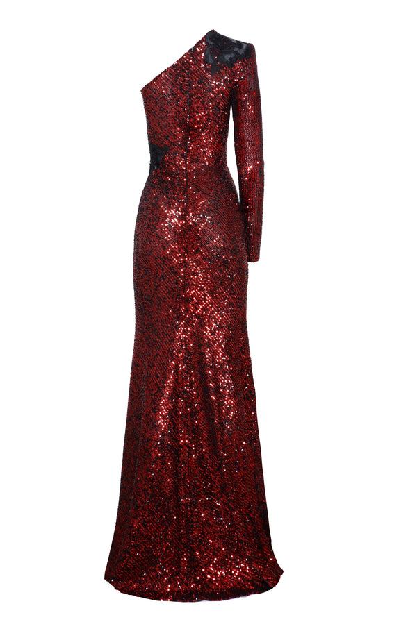 Naeem Khan Stretch Sequin One Shoulder Lace Applique Gown
