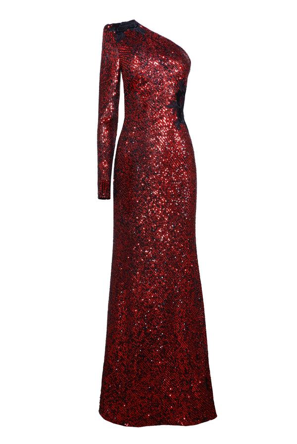 naeem khan Stretch Sequin One Shoulder Lace Applique Gown