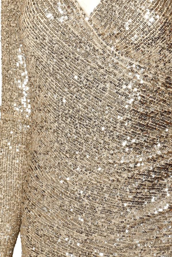 Naeem Khan STRETCH SEQUIN RUCHED V-NECK DRESS WITH LONG SLEEVES