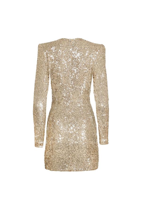 Naeem Khan STRETCH SEQUIN RUCHED V-NECK DRESS WITH LONG SLEEVES