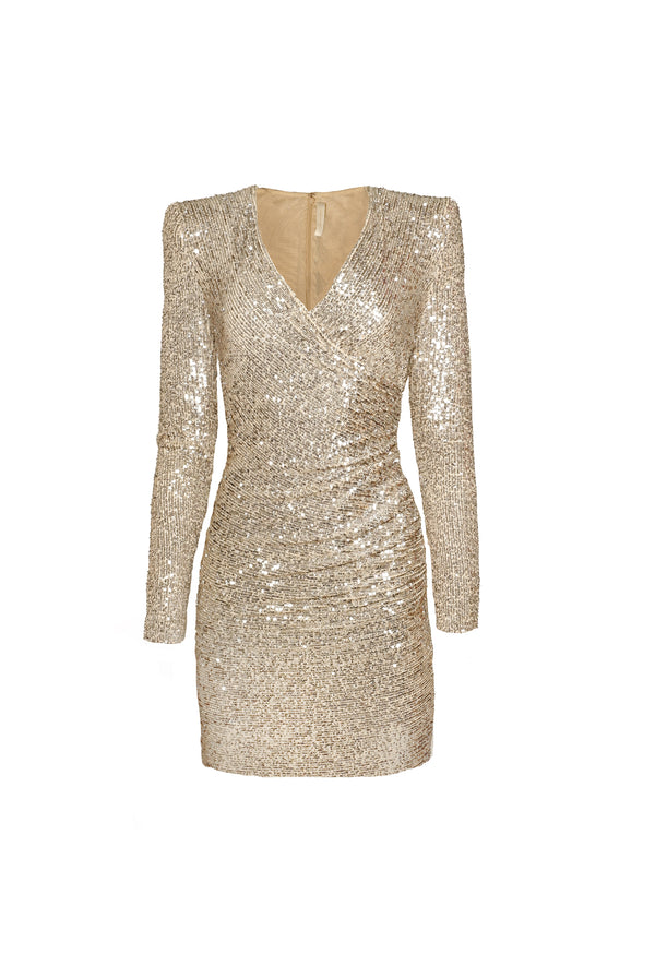 naeem khan STRETCH SEQUIN RUCHED V-NECK DRESS WITH LONG SLEEVES