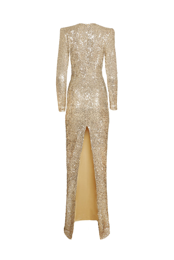 Naeem Khan STRETCH SEQUIN RUCHED V-NECK GOWN WITH LONG SLEEVES