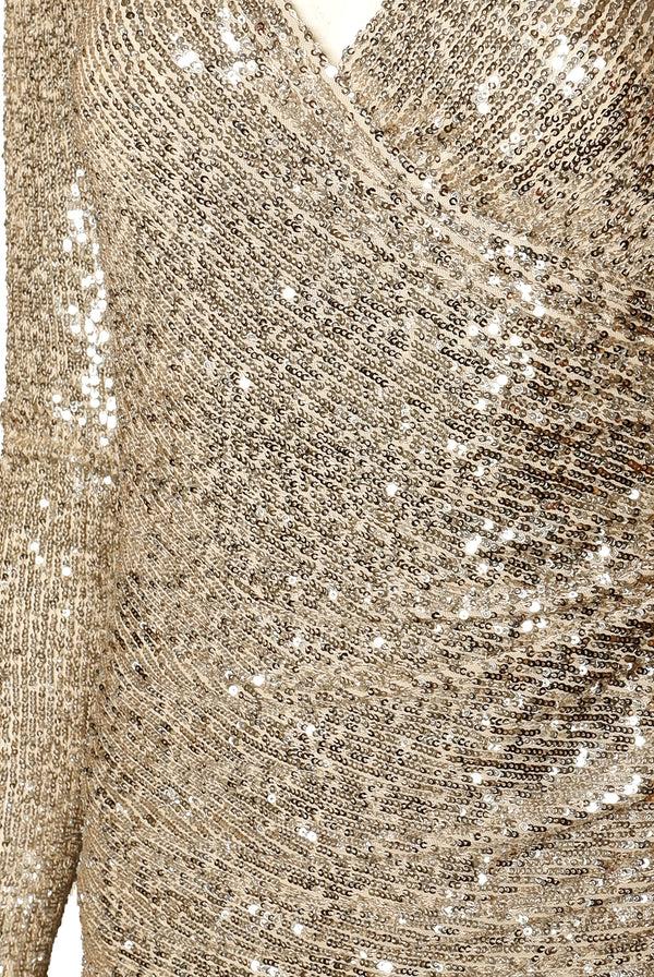 Naeem Khan STRETCH SEQUIN RUCHED V-NECK GOWN WITH LONG SLEEVES