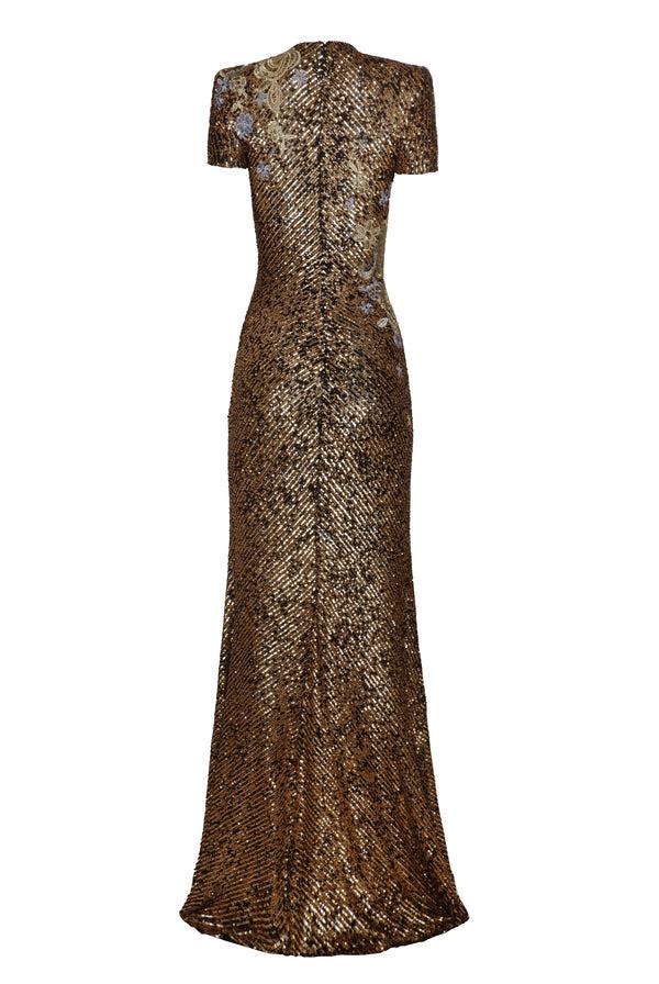 Naeem Khan Stretch Sequin Short Sleeve Floral Applique Gown
