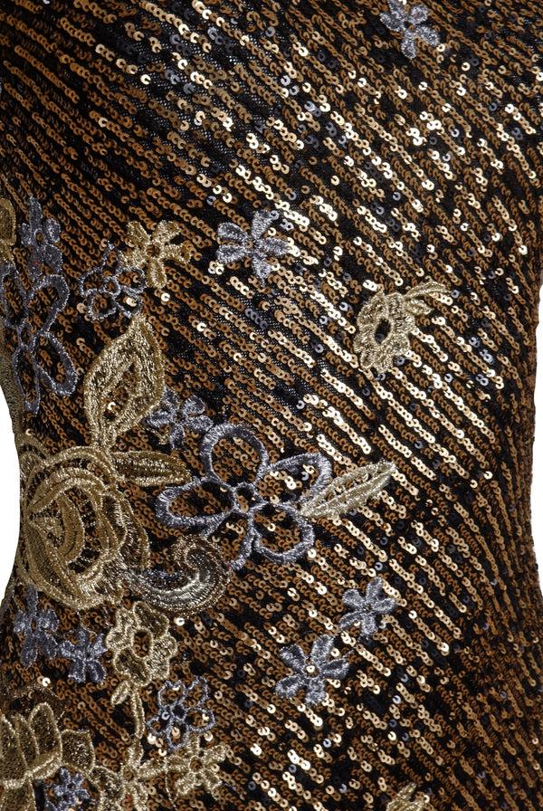 Naeem Khan Stretch Sequin Short Sleeve Floral Applique Gown