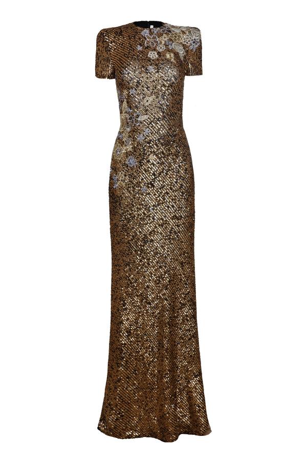 naeem khan Stretch Sequin Short Sleeve Floral Applique Gown