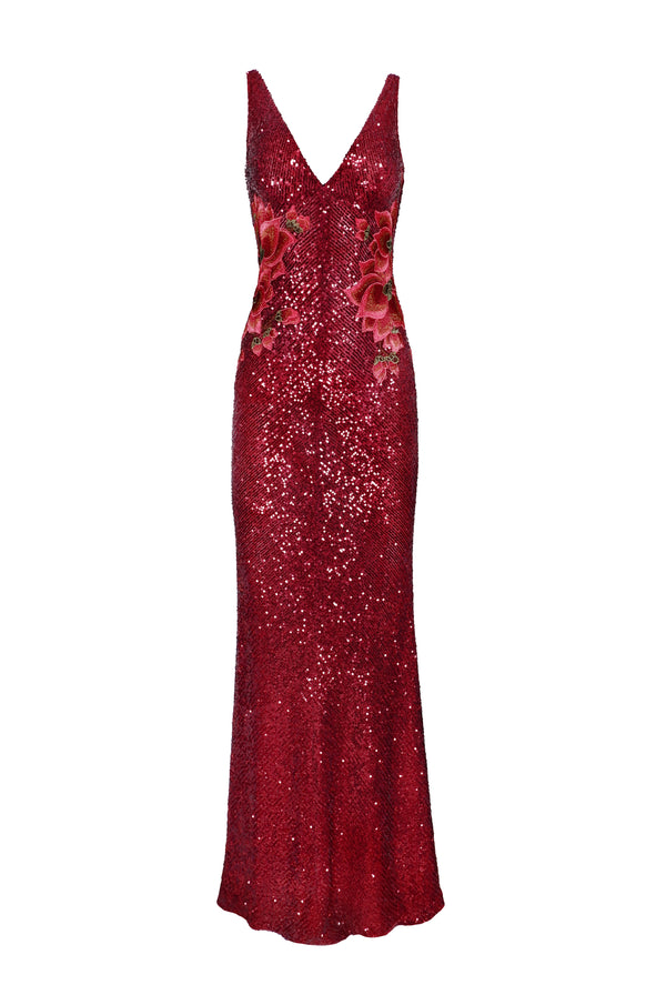 Naeem Khan STRETCH SEQUIN V-NECK FIT-AND-FLARE GOWN WITH COWL BACK