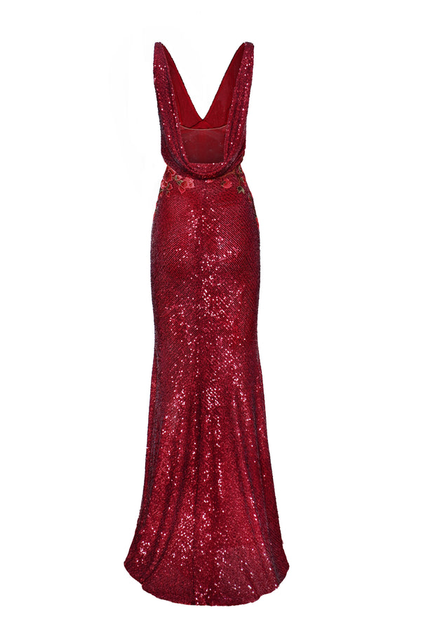 Naeem Khan STRETCH SEQUIN V-NECK FIT-AND-FLARE GOWN WITH COWL BACK