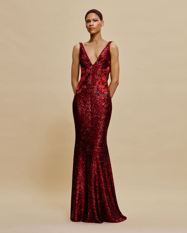 naeem khan STRETCH SEQUIN V-NECK FIT-AND-FLARE GOWN WITH COWL BACK