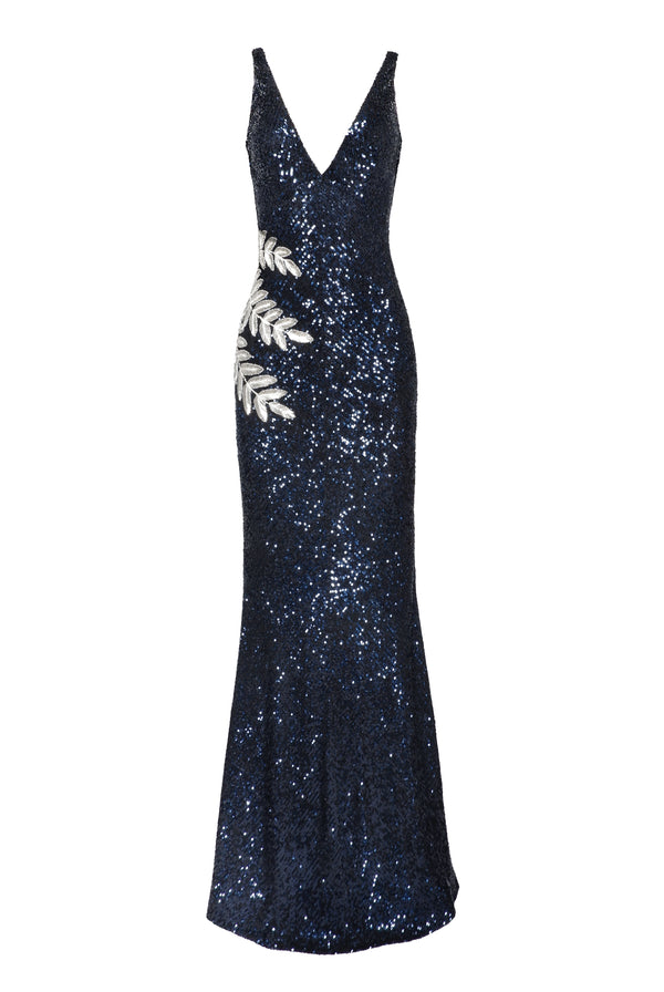 Naeem Khan STRETCH SEQUIN V-NECK GOWN WITH EMBELLISHED LEAF DETAIL
