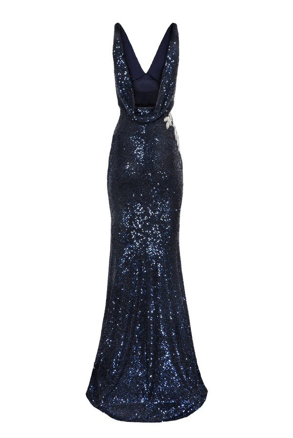 Naeem Khan STRETCH SEQUIN V-NECK GOWN WITH EMBELLISHED LEAF DETAIL