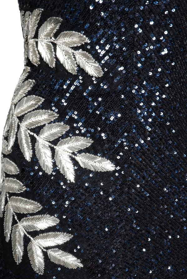 Naeem Khan STRETCH SEQUIN V-NECK GOWN WITH EMBELLISHED LEAF DETAIL