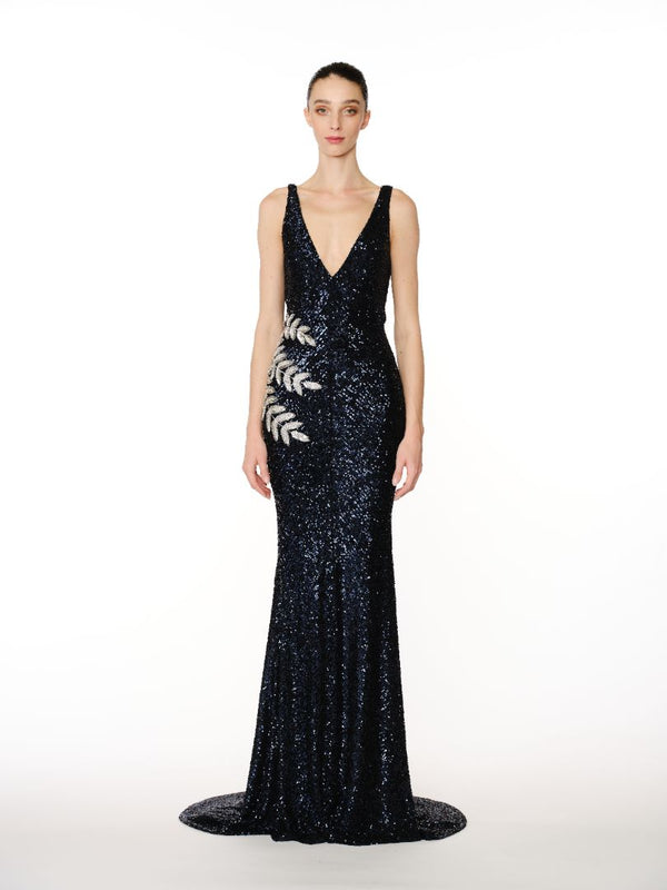 naeem khan STRETCH SEQUIN V-NECK GOWN WITH EMBELLISHED LEAF DETAIL