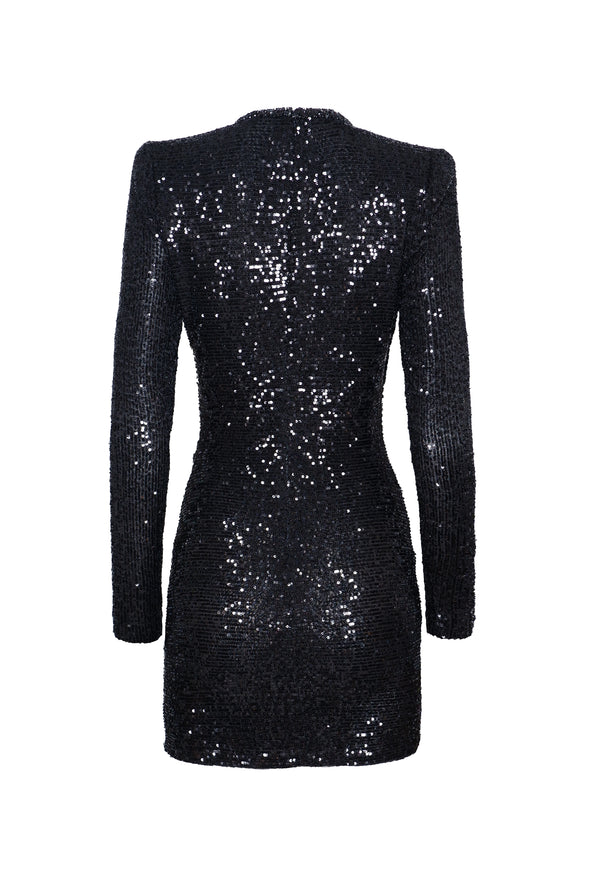 Naeem Khan STRETCH SEQUIN V-NECK RUCHED DRESS WITH LONG SLEEVES