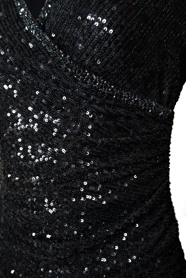 Naeem Khan STRETCH SEQUIN V-NECK RUCHED DRESS WITH LONG SLEEVES