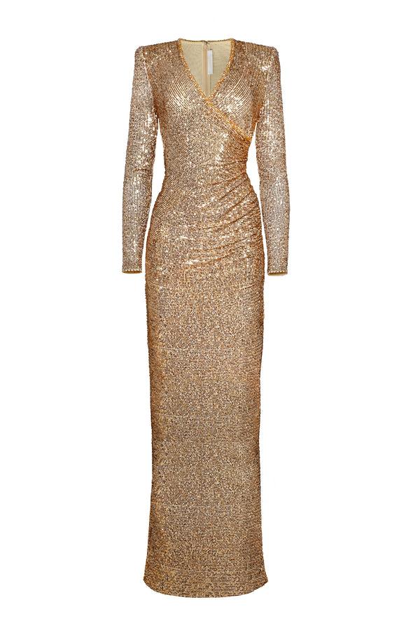 Naeem Khan STRETCH SEQUIN V-NECK RUCHED FIT-AND-FLARE GOWN WITH CAP SLEEVES