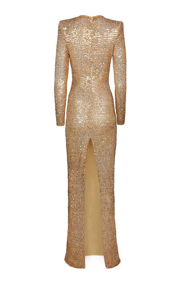 Naeem Khan STRETCH SEQUIN V-NECK RUCHED FIT-AND-FLARE GOWN WITH CAP SLEEVES