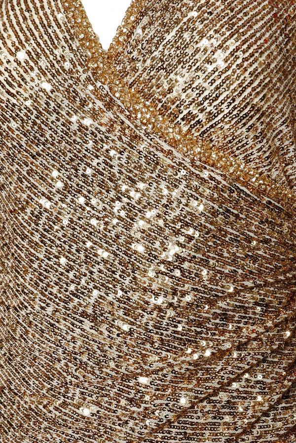 Naeem Khan STRETCH SEQUIN V-NECK RUCHED FIT-AND-FLARE GOWN WITH CAP SLEEVES