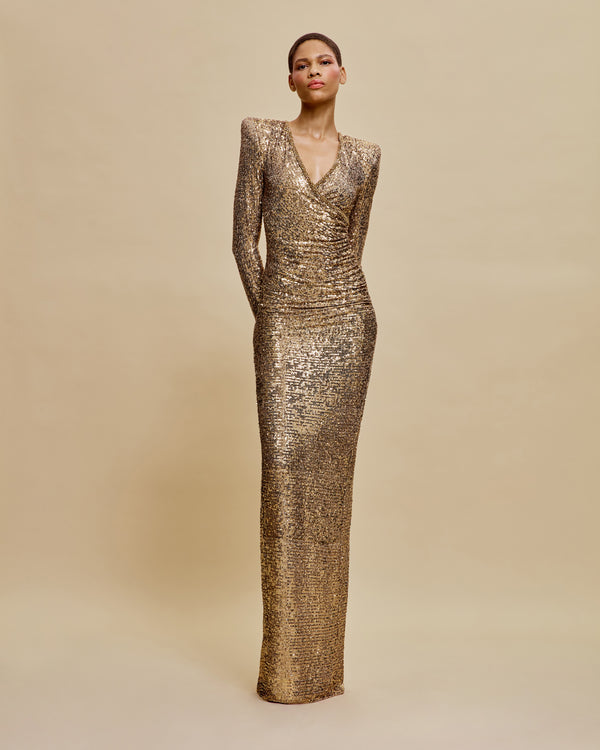 naeem khan STRETCH SEQUIN V-NECK RUCHED FIT-AND-FLARE GOWN WITH CAP SLEEVES