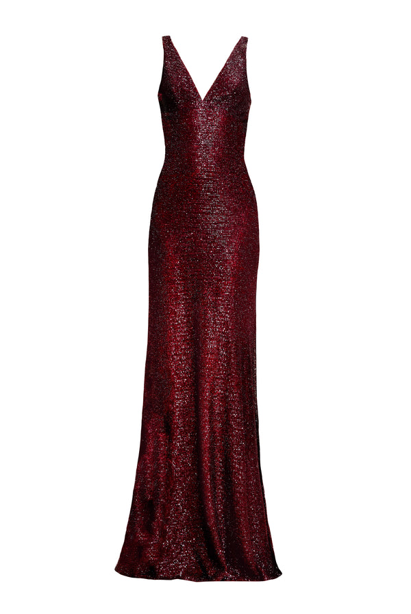 Naeem Khan V-NECK EMPIRE WAIST COWL BACK FIT-AND-FLARE GOWN