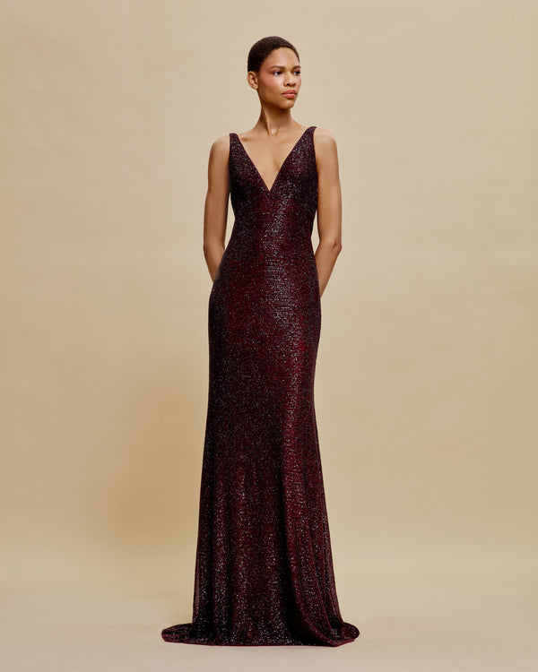 naeem khan V-NECK EMPIRE WAIST COWL BACK FIT-AND-FLARE GOWN