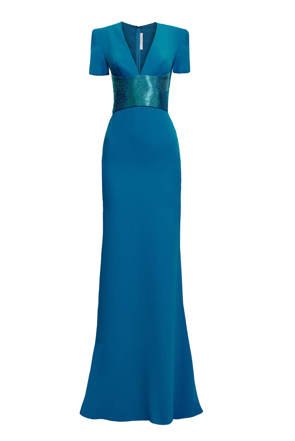 Naeem Khan V-NECK FIT-AND-FLARE GOWN WITH BEADED BELT