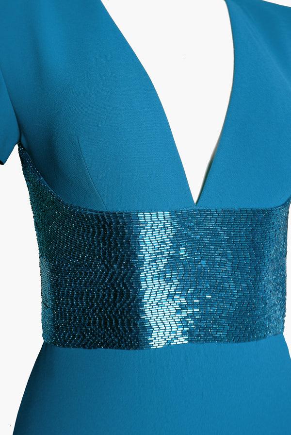 Naeem Khan V-NECK FIT-AND-FLARE GOWN WITH BEADED BELT