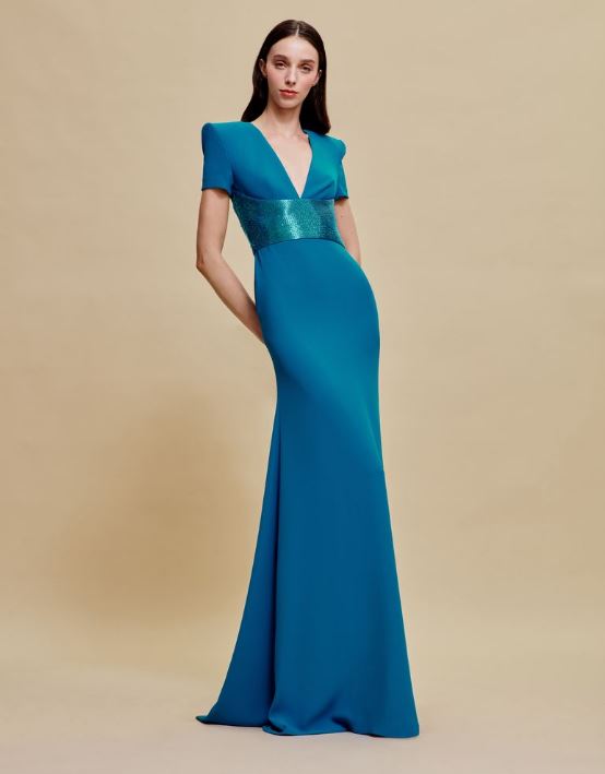 naeem khan V-NECK FIT-AND-FLARE GOWN WITH BEADED BELT
