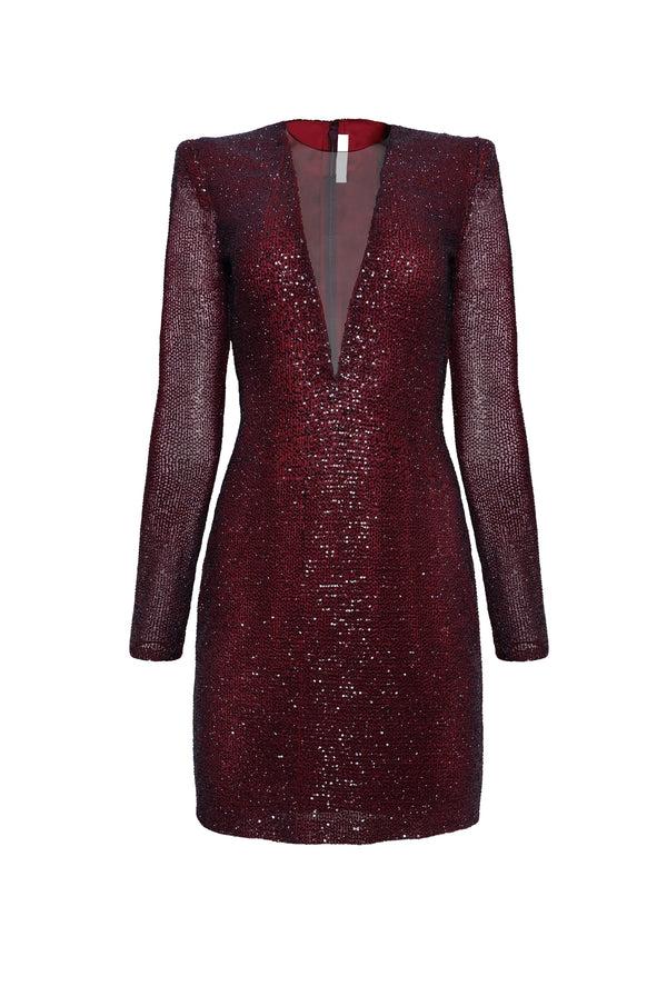 Naeem Khan V-NECK ILLUSION NECKLINE LONG SLEEVE DRESS