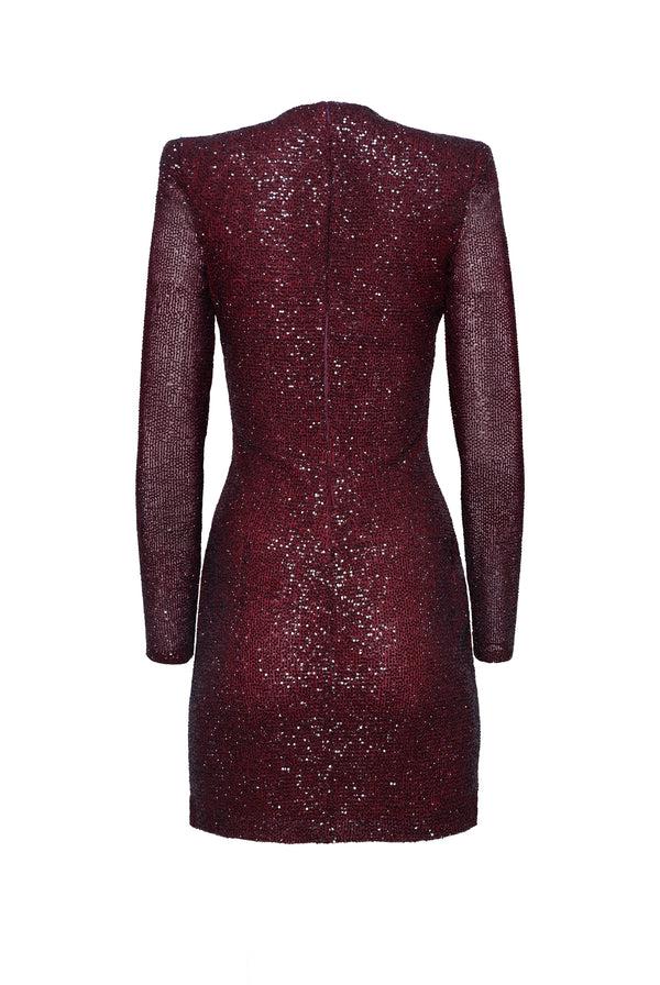 Naeem Khan V-NECK ILLUSION NECKLINE LONG SLEEVE DRESS