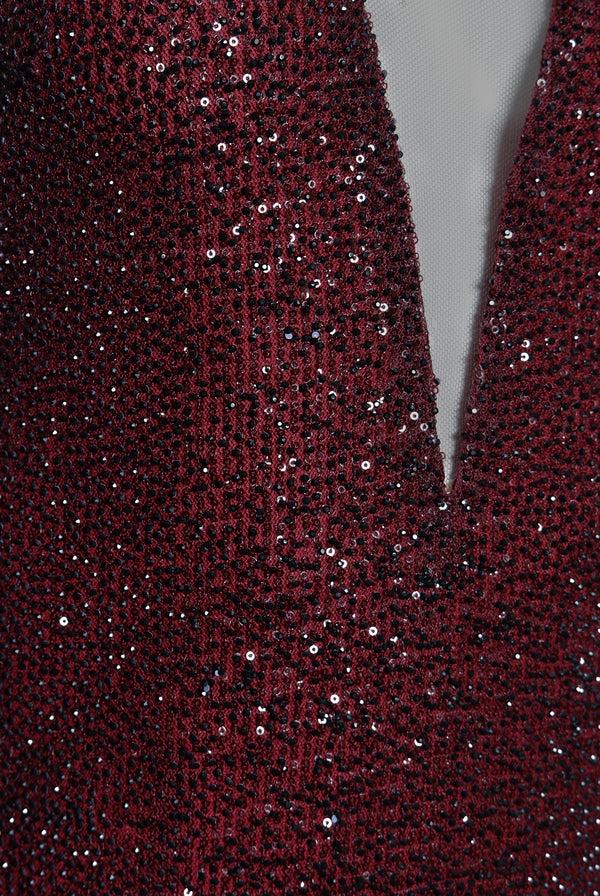 Naeem Khan V-NECK ILLUSION NECKLINE LONG SLEEVE DRESS