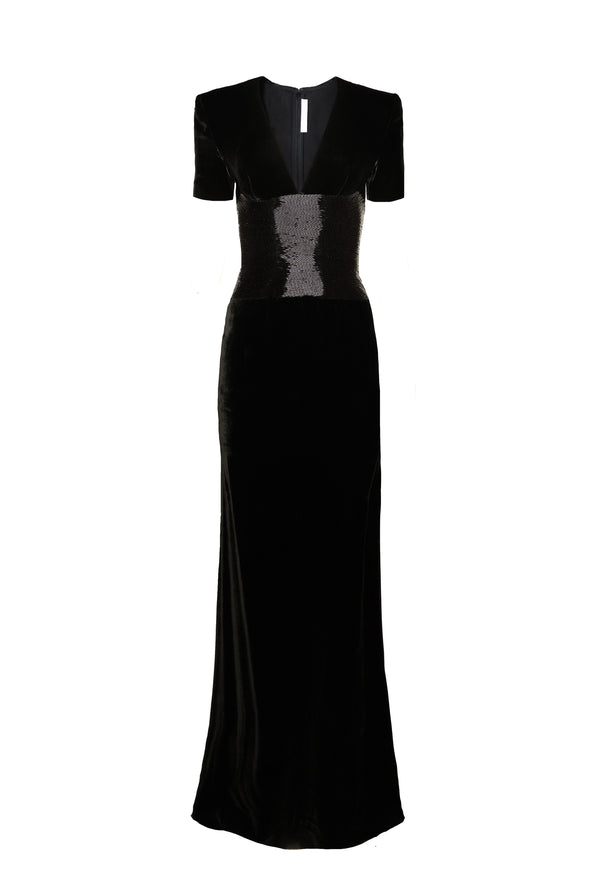 Naeem Khan V-NECK PLEATED COLUMN GOWN WITH BEADED WAIST