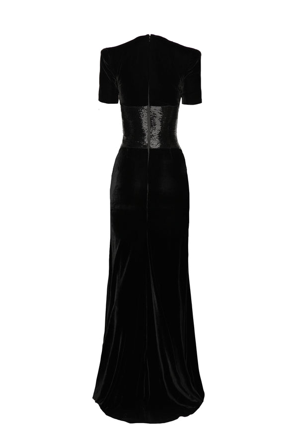 Naeem Khan V-NECK PLEATED COLUMN GOWN WITH BEADED WAIST