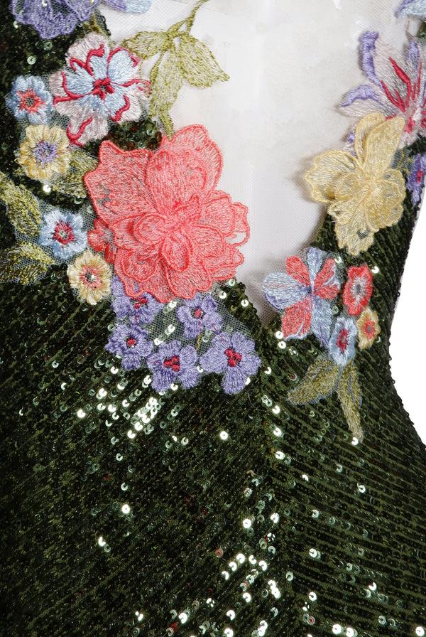 Naeem Khan V-NECK STRETCH SEQUIN FIT-AND-FLARE GOWN