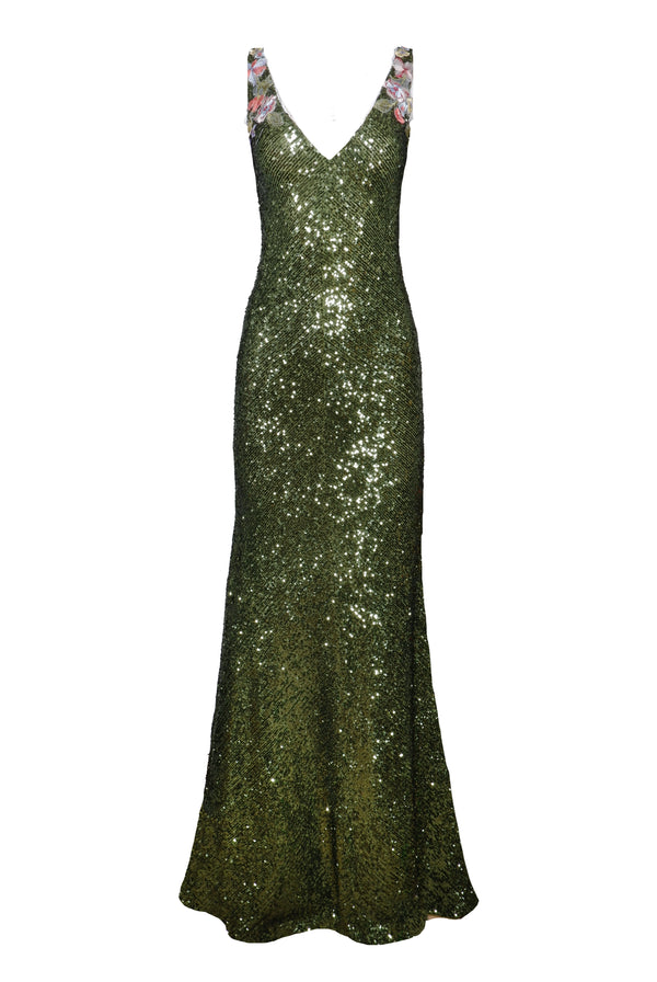 naeem khan V-NECK STRETCH SEQUIN FIT-AND-FLARE GOWN