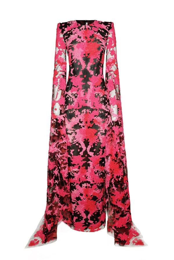 Naeem Khan VELVET EMBELLISHED GOWN WITH CASCADING SLEEVES