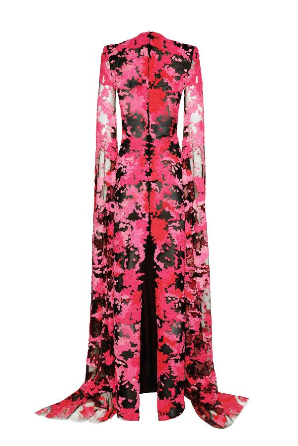 Naeem Khan VELVET EMBELLISHED GOWN WITH CASCADING SLEEVES