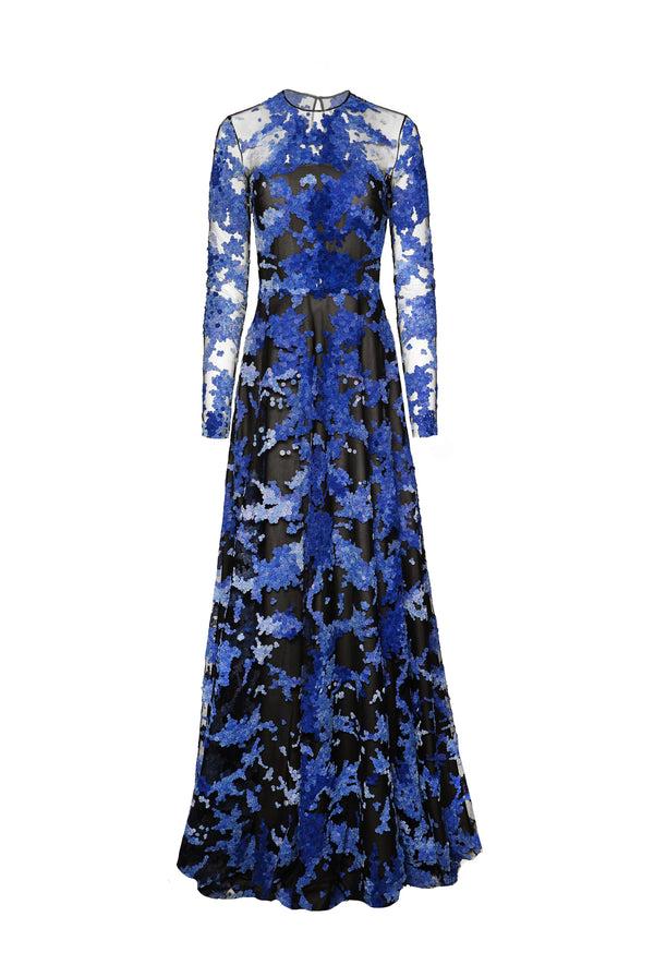 Naeem Khan VELVET EMBELLISHED GOWN WITH LONG SLEEVES