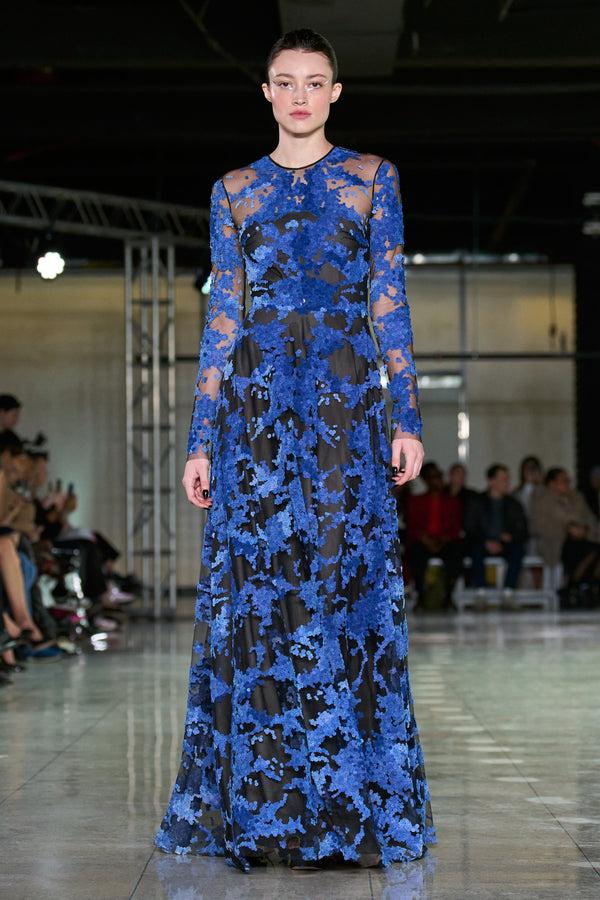 naeem khan VELVET EMBELLISHED GOWN WITH LONG SLEEVES