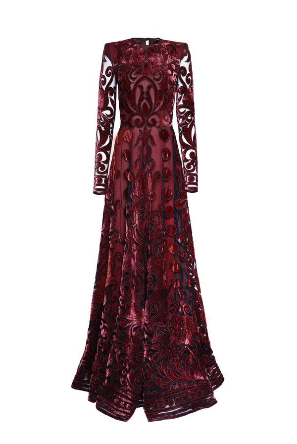 Naeem Khan VELVET EMBROIDERED FULL SKIRT GOWN WITH LONG SLEEVES