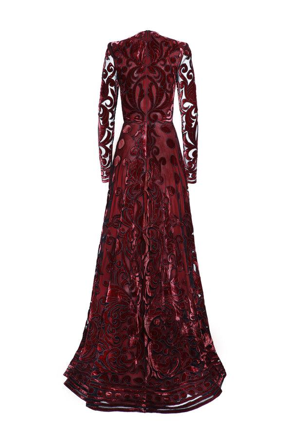 Naeem Khan VELVET EMBROIDERED FULL SKIRT GOWN WITH LONG SLEEVES
