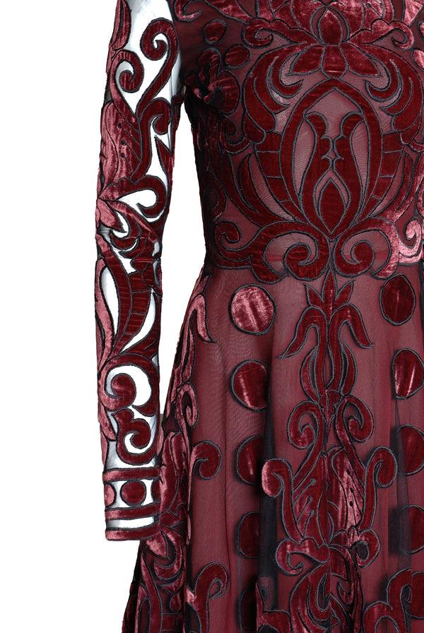 Naeem Khan VELVET EMBROIDERED FULL SKIRT GOWN WITH LONG SLEEVES