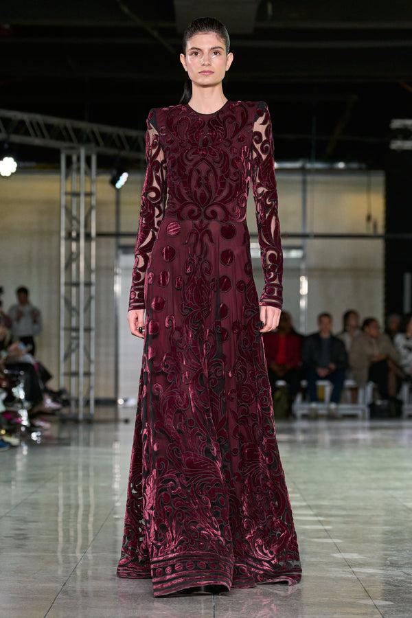 naeem khan VELVET EMBROIDERED FULL SKIRT GOWN WITH LONG SLEEVES