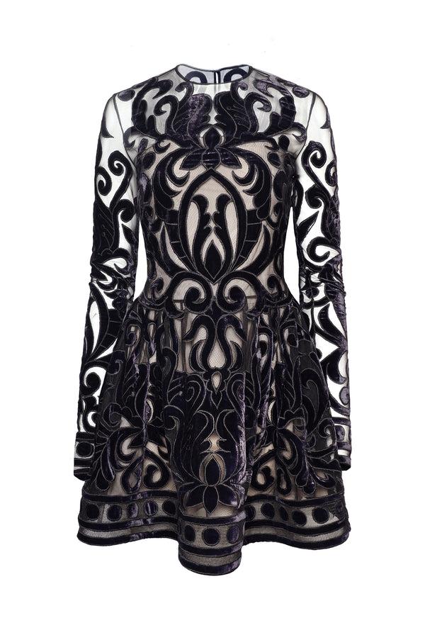 Naeem Khan VELVET EMBROIDERED JEWEL NECK DRESS WITH LONG SLEEVES