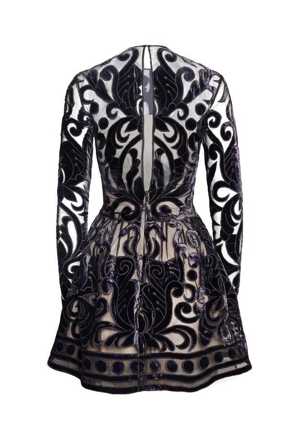 Naeem Khan VELVET EMBROIDERED JEWEL NECK DRESS WITH LONG SLEEVES