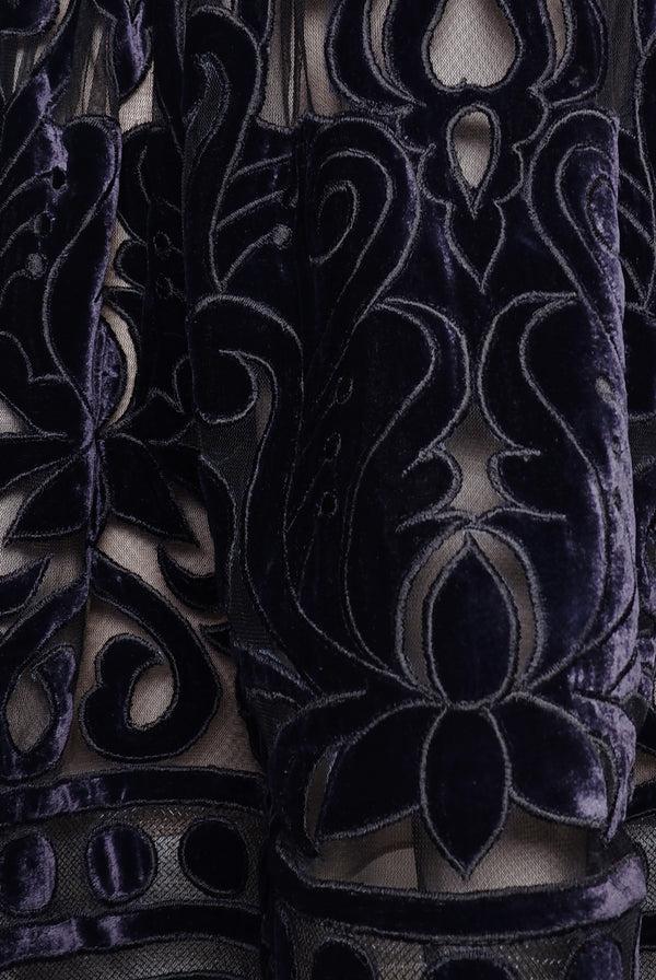 Naeem Khan VELVET EMBROIDERED JEWEL NECK DRESS WITH LONG SLEEVES