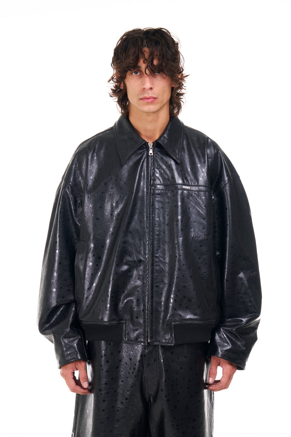 nahmias Leather Star Oversized Bomber in Black BLACK